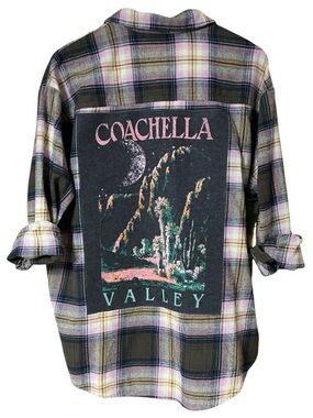 Coachella Valley Upcycled Flannel Top T Shirt Music Festival Boyfriend Oversized